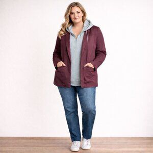 2/$30 Torid Jacket Layered Hoody Burgundy Gray Stretch Womens 2 Zippered Pockets
